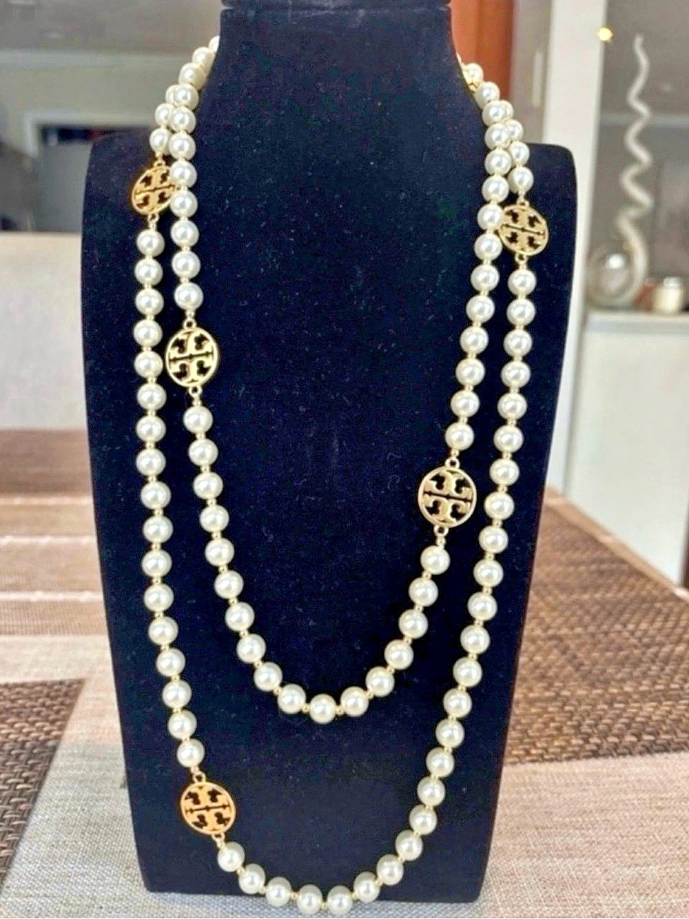 Tory Burch Pearl Logo Long Necklace White & Gold Like New